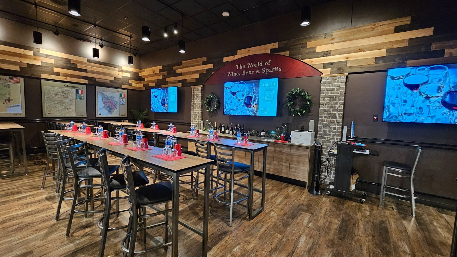 Tables and seating inside the Total Wine workshop room